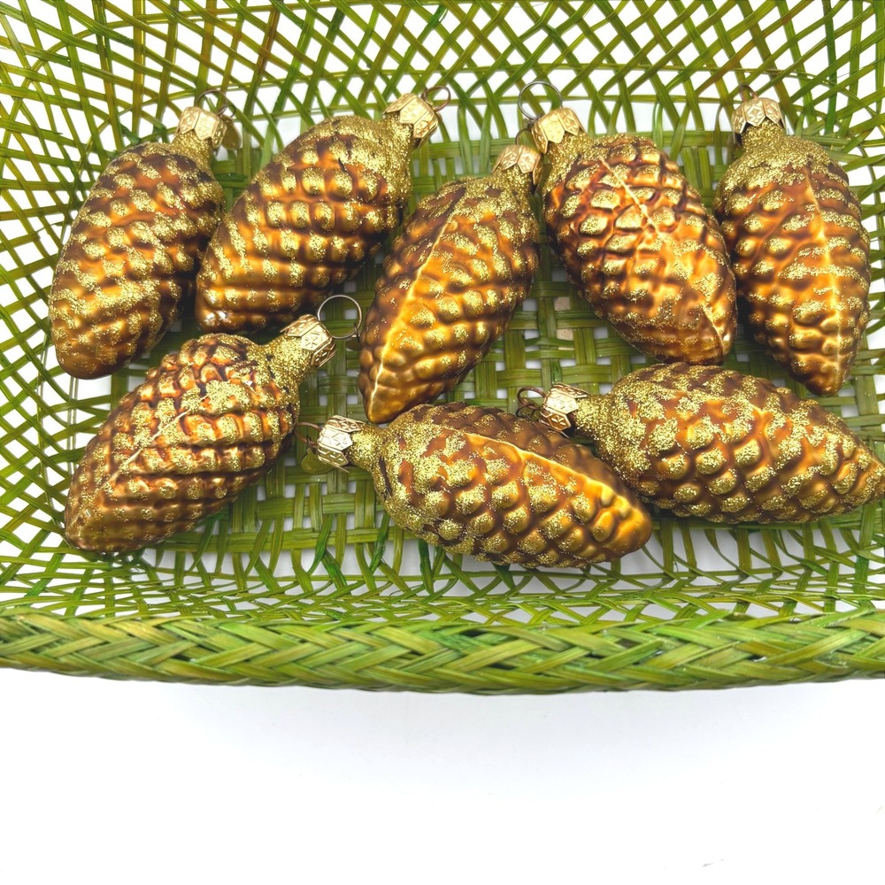Dept 56 Glass Pinecone Christmas Ornaments Amber Gold Glitter Set of 8 Clock Tag